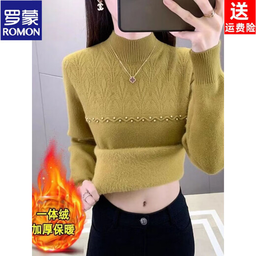 ROMON brand women's all-in-one velvet thickened bottoming sweater for women 26 autumn and winter new half turtleneck women's thermal top black high quality quality assurance M recommended weight 106Jin Jin equals 0.5kg -120Jin Jin equals 0.5kg
