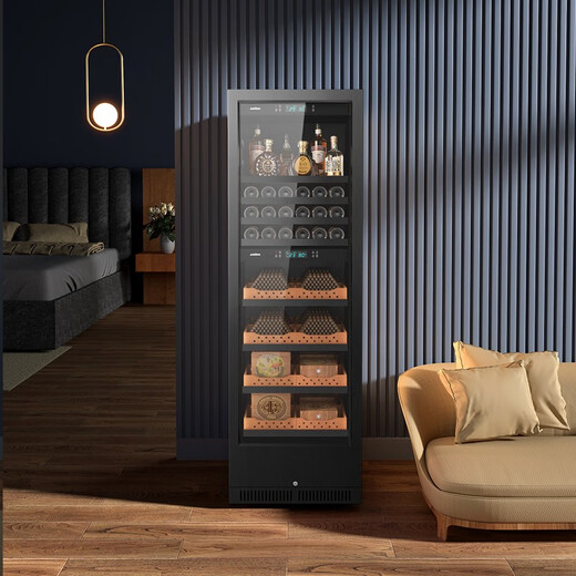 JUSTOWN Dual Compressor Stainless Steel Rose Gold Dual Temperature Red Wine and Cigar Integrated Cabinet Red Wine Cabinet Home Cigar Cabinet Constant Temperature and Humidity 1.88m Dual Compressor + Black Titanium + Wine Rack + Fingerprint Code Lock