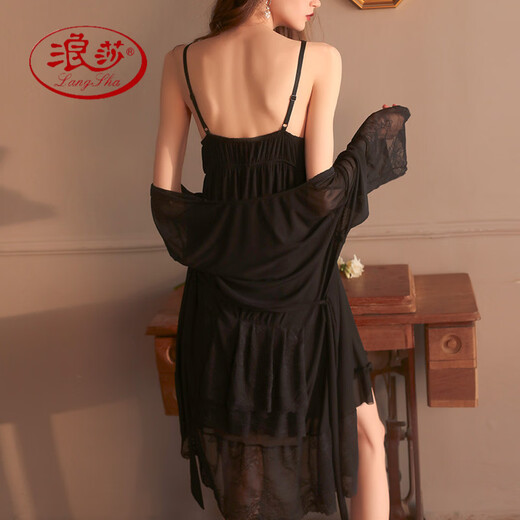 Langsha sexy pajamas for women summer new fairy style lace suspenders mesh nightgown robe with chest pad home two-piece suit black outer robe M 80-110Jin Jin is equal to 0.5 kg
