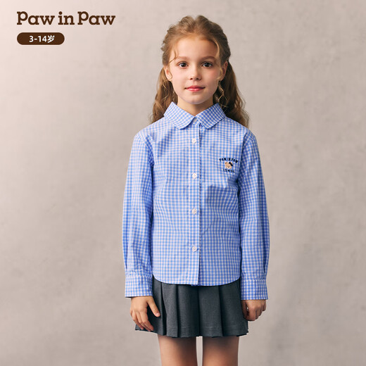 PawinPaw cool cartoon bear children's clothing 26 years new style girls and children's lapel plaid shirt loose Blue blue/50 150