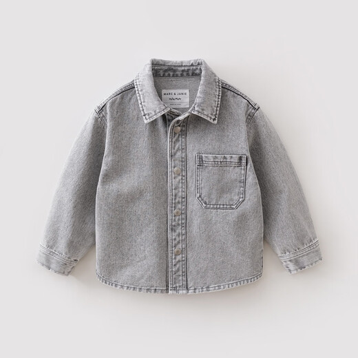 MARC&JANIE Mark Jenny casual and fashionable boys' pure cotton denim shirt children's jacket 2026 spring new style 560072 light gray black 130 (recommended height 121-130)