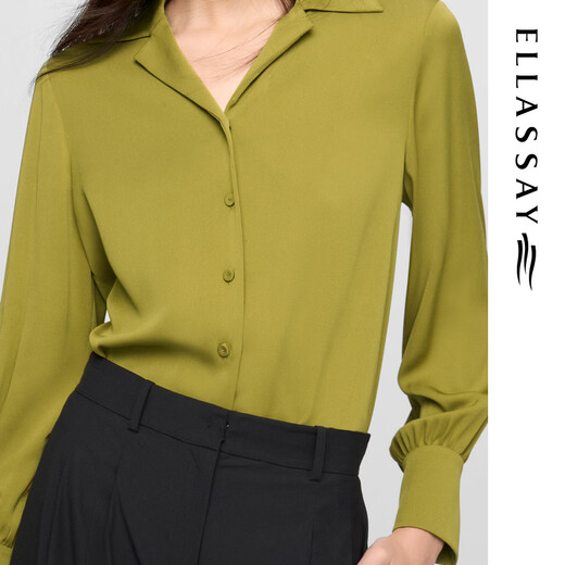 ELLASSAY (ELLASSAY) shopping mall same style early spring new mulberry silk retro temperament simple lapel long-sleeved shirt for women EWE361C054 bean paste green XS