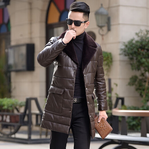 YISHION Haining new winter leather jacket men's mid-length lambswool lapel Korean style slim youth casual jacket black M