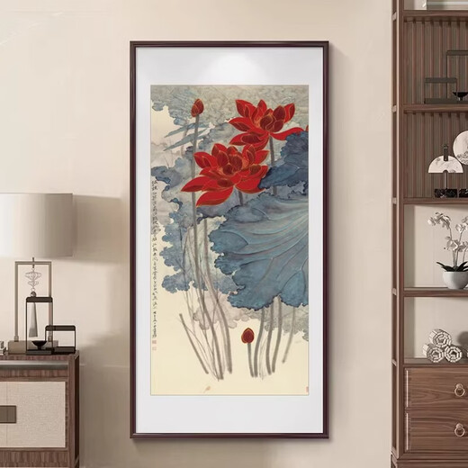 Explore Time Lotus Hanging Painting Living Room Corridor Aisle Vertical Mural New Chinese Style Entrance Entrance Ink Chinese Painting Retro Decorative Painting Jiaou Tu-A 70*140cm Imported solid wood frame + canvas + high-definition plexiglass