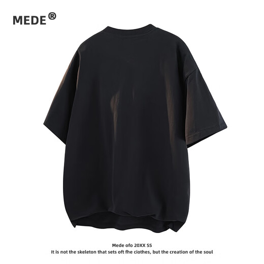 MEDE American black t-shirt men's pure cotton short-sleeved small neckline with heavy-weight half-length sleeves Black M