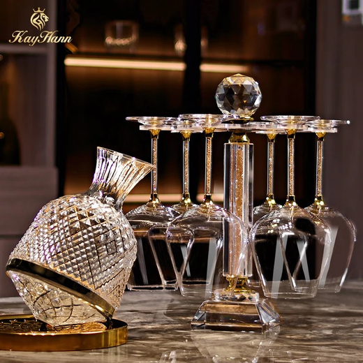 Kaihuan high-end Burgundy red wine glass set gift box rotating decanter home diamond wine glass gift (main picture gold diamond 8 pieces) red wine glass * 6 + cup holder * 1 + decanter * 1 520ml 6 pcs