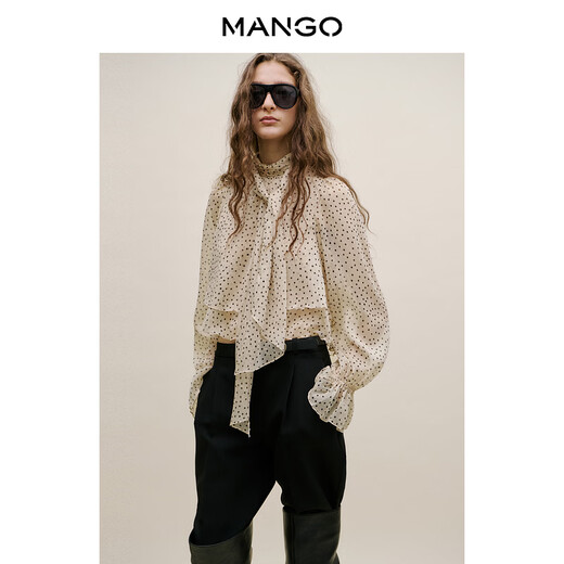 MANGO Women's Shirt 2026 Spring New French Polka Dot Tie Collar Ruffled Short Shirt Light Beige M