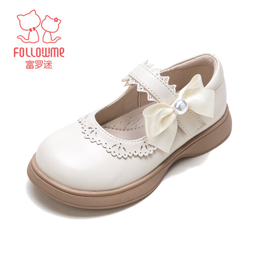 Fuluo Mi Girls' Leather Shoes 26 Spring New Sweet Bow Princess Shoes Children's Campus Soft Sole Performance Shoes Off-White 27