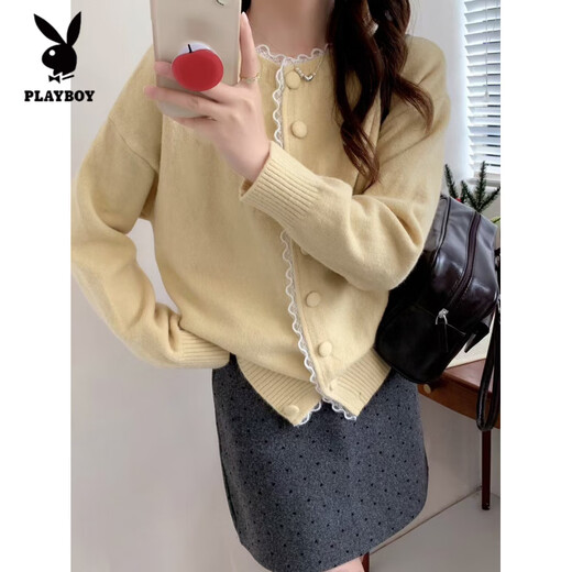 花花公子(PLAYBOY)法式春秋冬蕾丝花边时尚单排扣温柔风宽松甜美针织毛衣开衫外套女 浅黄色 S 建议70-95Jin Jin等于0.5千克
