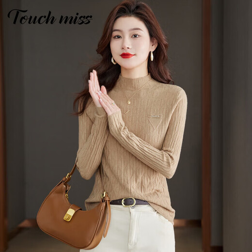 Touchmiss (touchmiss) half turtleneck knitted bottoming shirt for women, lazy style slim sweater with nice mid-collar top, khaki L