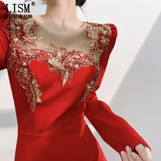 LISM Designer International Light Luxury Brand Red Evening Dress Women 2026 New Style Temperament Socialite High-end Light Luxury Heavy Industry Red S