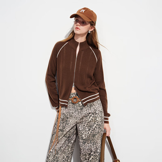 Fanslanen Light Sports Style Stand Collar Zipper Wool Knitted Jacket Women's 2026 Spring New Style 1159 Mocha Brown S