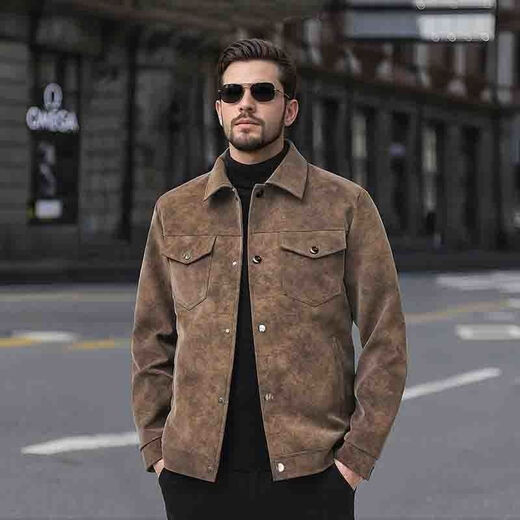 Autumn, spring and autumn velvet thickened men's jacket lapel style new fashion brand trend versatile casual leather jacket for men 2566 brown velvet 5XL