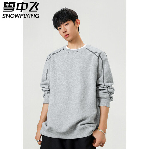 Snow Flying (SNOWFLYING) Retro Edition Top-stitched Rivet Round Neck Sweater Men's 2026 New Spring Trendy Brand Loose Couple Versatile Pullover Top Light Gray M Recommended 95-110 Jin Jin equals 0.5 kg