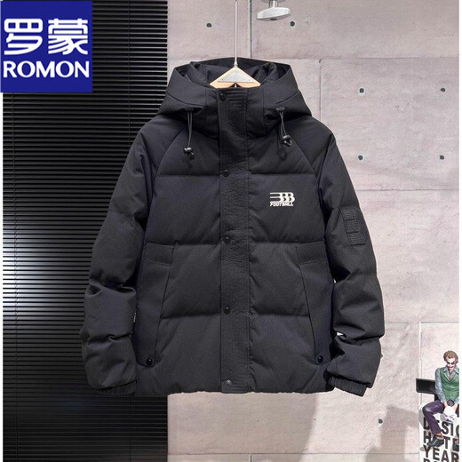罗蒙（ROMON）男士羽绒服冬季加厚保暖面包服中青年潮流防寒2025新款连帽外套男 黑色 M