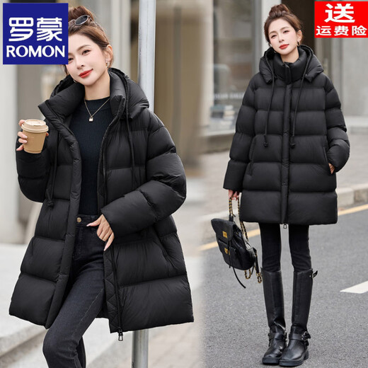 ROMON High-end Puff Hooded Down Jacket Women's Mid-Length 2025 Winter New Style Covering Buttocks, Western Style Thickened Warm Jacket, Black M