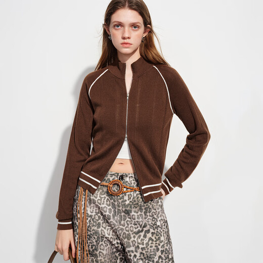 Fanslanen Light Sports Style Stand Collar Zipper Wool Knitted Jacket Women's 2026 Spring New Style 1159 Mocha Brown S