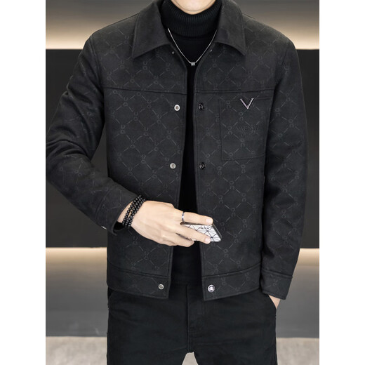 KBXNG Jinba шерстяной пуховик мужской зимний модный универсальный красивый темный узор куртка с лацканами с принтом теплая утепленная куртка черного цвета 2XL от 150 до 165Jin Jin равен 0,5 кг