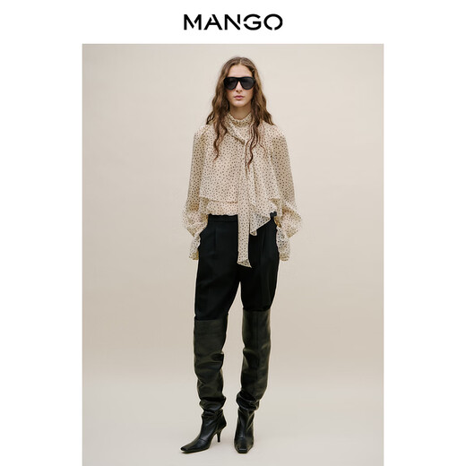 MANGO Women's Shirt 2026 Spring New French Polka Dot Tie Collar Ruffled Short Shirt Light Beige M