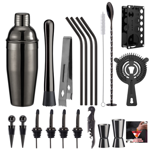 Shijanu novice entry-level cocktail shaker set bar KTV shaker shaker 20-piece set wine measuring cup 750ml piano black 20-piece set_Piano Black