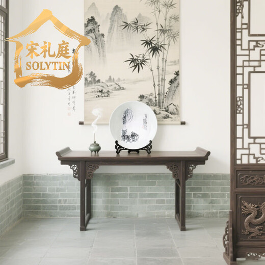 Song Liting SOGLYTIN gave the teacher Jingdezhen porcelain ornaments plum, orchid, bamboo and chrysanthemum porcelain plate ornaments Chinese plate ancient rack hanging plate art plum