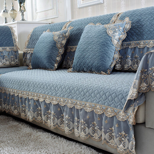 Xinjinngle sofa cushion high-end sofa towel light luxury 2025 popular European non-slip plush cushion four seasons universal leather cloth Pandora-off-white 100cm*240cm +15 lace