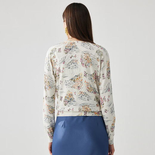 Zhaojun spring and summer mulberry silk new high-end printed sweater women's V-neck long-sleeved cardigan thin top Yunduo White M