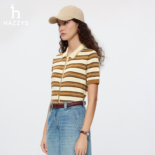 HAZZYS Women's 2026 Summer New Women's Sweater Lapel Contrast Color Striped Short-Sleeved Knitted Cardigan ABYSD1DBD21 Beige BI S (155/80A 36)