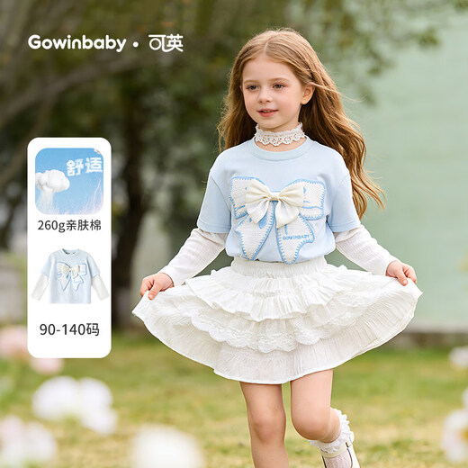 Keying children's clothing girls blue T-shirt 2026 spring girls fake two-piece sweet and cute baby girl tops long-sleeved bow blue bow T-shirt 90 (suitable for height 80cm-90cm)