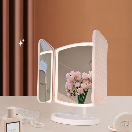 Mirror makeup mirror LED fill light makeup mirror dormitory desktop makeup mirror three-sided folding mirror magnifying makeup mirror three-fold shell mirror 17 points 5*24CM
