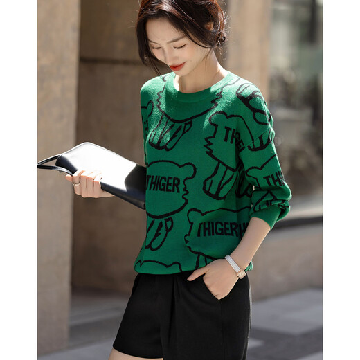 Demana wool lettered sweater, spring and autumn round neck off-shoulder long-sleeved sweater for women