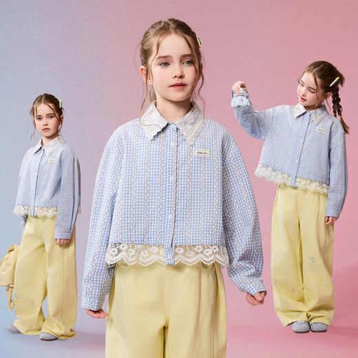 ASK JUNIOR children's shirt 2026 spring new arrival medium and large children's lace splicing plaid long-sleeved jacket girls fashion tops blue and white plaid 140