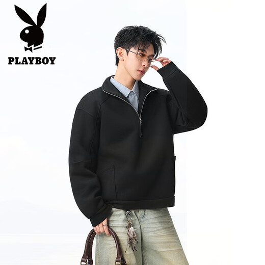 Playboy (PLAYBOY) American high street spring and autumn new heavyweight round neck sweatshirts for men and women, handsome loose pullover tops, couple jackets for men, black XL