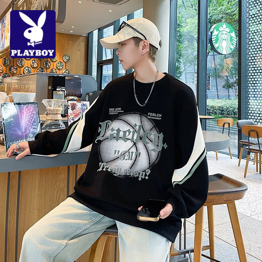 Playboy (PLAYBOY) men's round neck sweatshirt 2026 spring new Hong Kong style fashion trend loose and versatile youth student bottoming shirt black 2XL