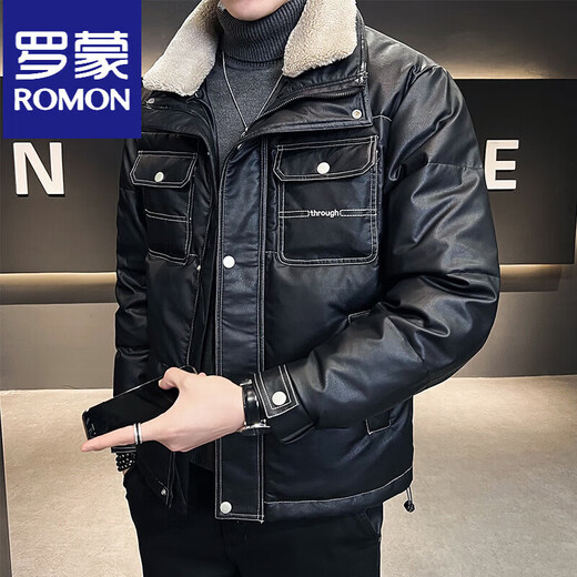 ROMON кожаный пуховик мужской зимний 2025 новый тонкий толстый красивый короткий воротник из овечьего меха мужская куртка черный L