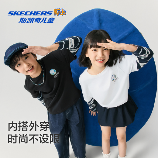 Skechers Doraemon limited design T-shirt children's spring new long-sleeved tops for boys and girls L126K044 carbon black /0018 140