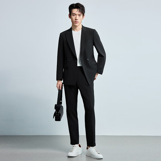 LiLang Youth Business Men's Wear Peaked Collar Suit Stretch Anti-Wrinkle Easy-Care Double-Breasted Suit Two-piece Black (1YA) 165A