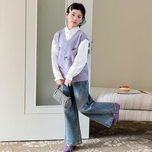 Girls spring fake two-piece tops 2026 new style medium and large children's fashionable patchwork shirts children's fashionable children's clothing purple 140