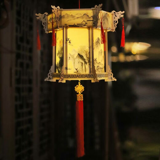 Xushansi Jiangnan style retro ink painting lantern Chinese New Year handmade diy palace lantern hexagonal lantern store decoration layout DIY large palace lantern-Jiangnan
