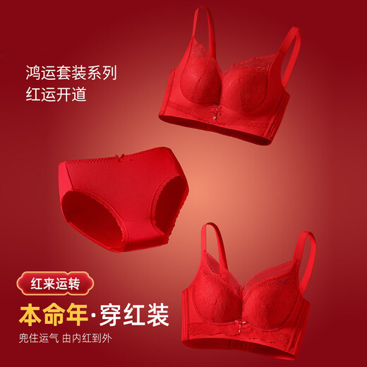 Cat Man (MiiOW) Red Zodiac Year Underwear Set Women's Small Breast Makes Bigger, Gathers Secondary Breasts, Anti-Sagging Bridal Wedding Lace Bra Like Flowers Bra + Panties + Socks + Gift Box Big Breasts Make Smaller/Paper Cup M 34/75BC