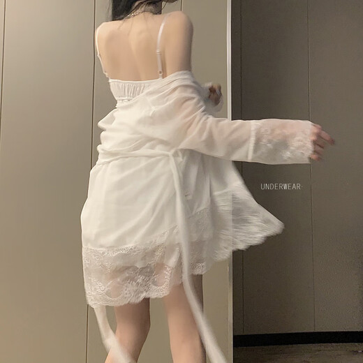 Langsha sexy pajamas for women summer new fairy style lace suspenders mesh nightgown robe with chest pad home two-piece suit black outer robe M 80-110Jin Jin is equal to 0.5 kg