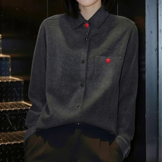 Suding original brand women's clothing 2026 early spring new style interior with artistic lapel love brushed thickened shirt Gray M