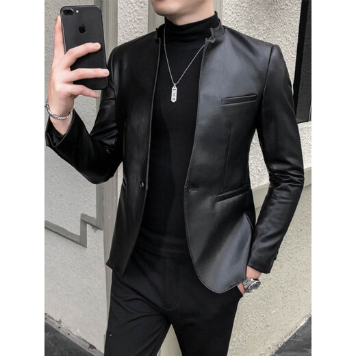 SEPTWOLVES small suit men's spring and autumn slim handsome leather jacket suit casual winter velvet stand collar leather jacket men's black 166 regular M 90-100Jin Jin equals 0.5 kg