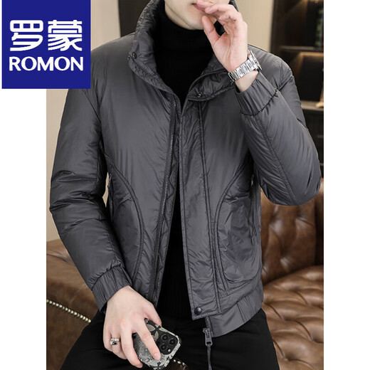 ROMON stand collar down jacket men's winter lightweight short white duck down winter jacket casual large size warm and cold-proof clothing 1293 black M