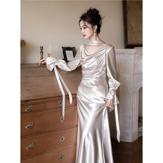 OEMG high-end champagne color host evening dress evening dress for women 2025 new high-end banquet temperament gift fishtail skirt champagne color S