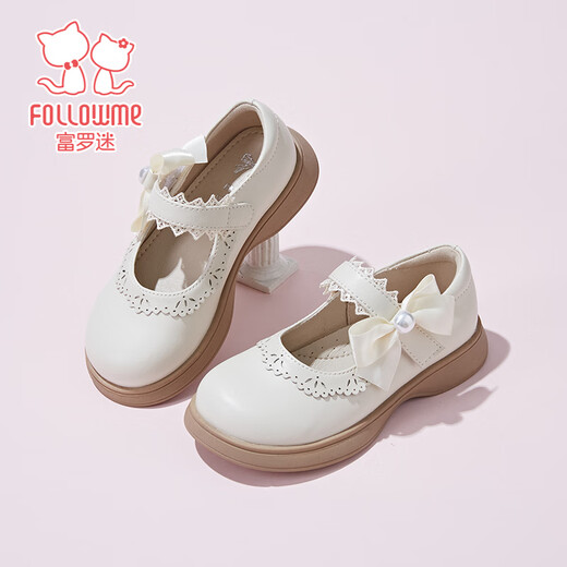Fuluo Mi Girls' Leather Shoes 26 Spring New Sweet Bow Princess Shoes Children's Campus Soft Sole Performance Shoes Off-White 27