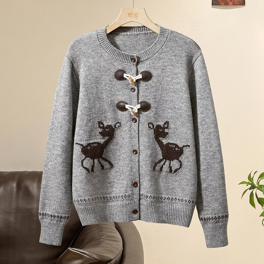 Shechi Knitted Cardigan 2026 Spring New Women's Retro Casual Style Long Sleeve Round Neck Single Breasted Cropped Top Gray One Size