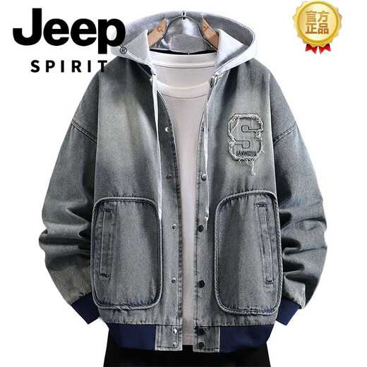 JEEP SPIRIT Gradient Denim Jacket Men's Spring and Autumn 2026 New Trendy Brand Casual Jacket Teenagers Loose Work Clothing Tops Plus Size Men's Clothing - Blue M