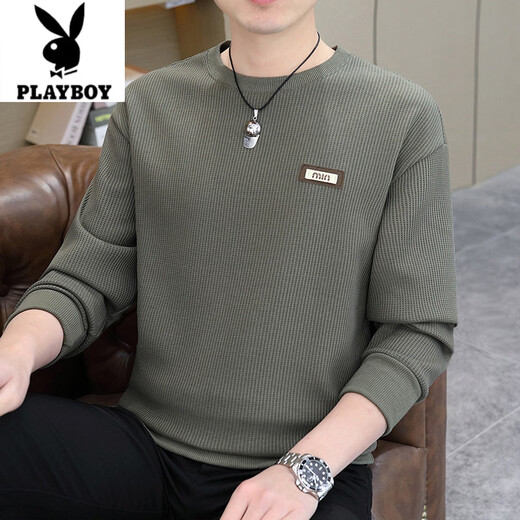 Playboy (PLAYBOY) 2026 Spring Simple Jacquard Long Sleeve Men's Sweater Loose Casual Round Neck Versatile Sweater Army Green XL 130-140