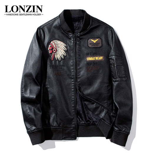 JNJKQA Indian embroidery men's leather jacket plus velvet thickened handsome leather jacket men's motorcycle suit pilot trendy jacket 2035 black_baseball collar plus velvet M_recommended 90-105Jin Jin equals 0.5 kg